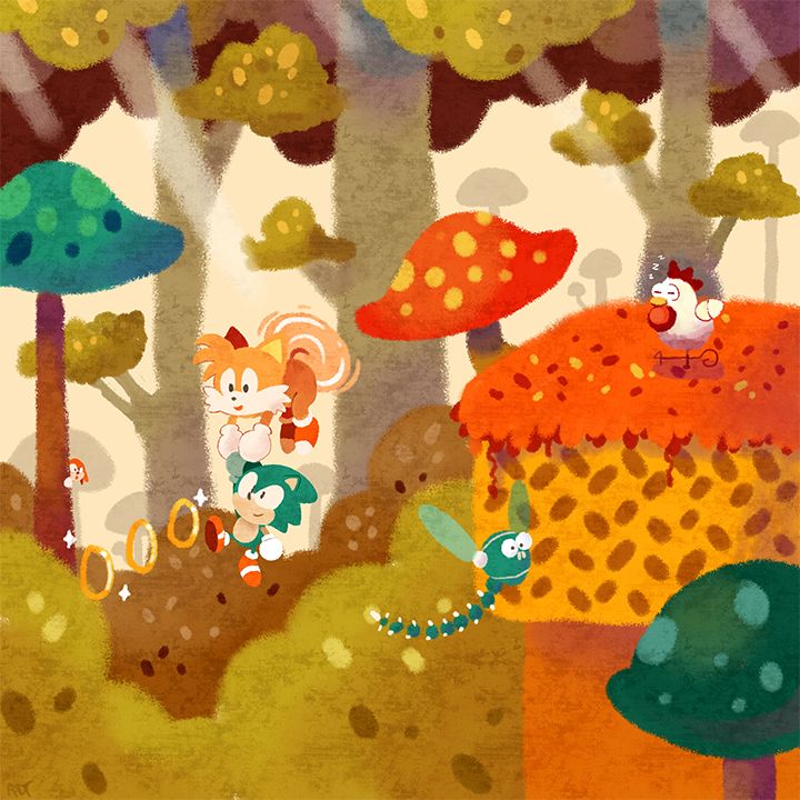 an image of cartoon animals playing in the woods with trees and mushrooms on it's surface