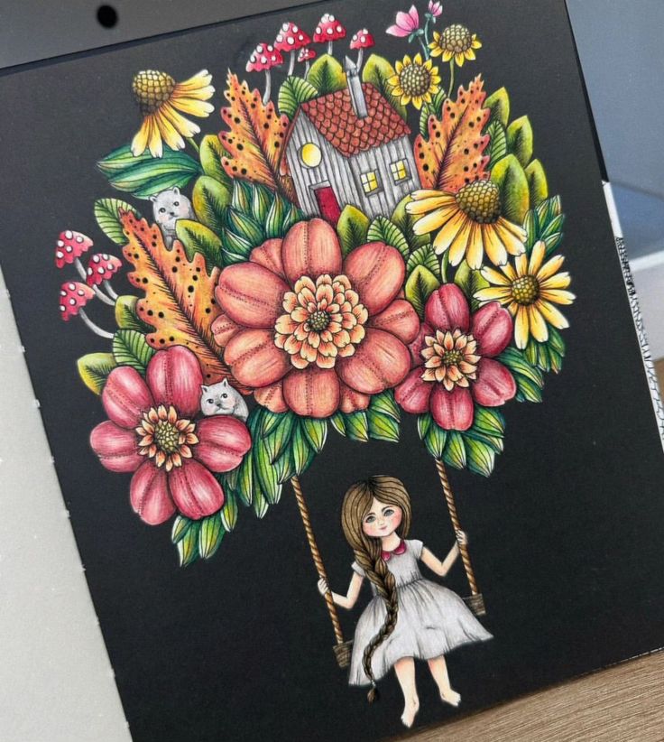 a drawing of a girl on a swing with flowers and a house in the background