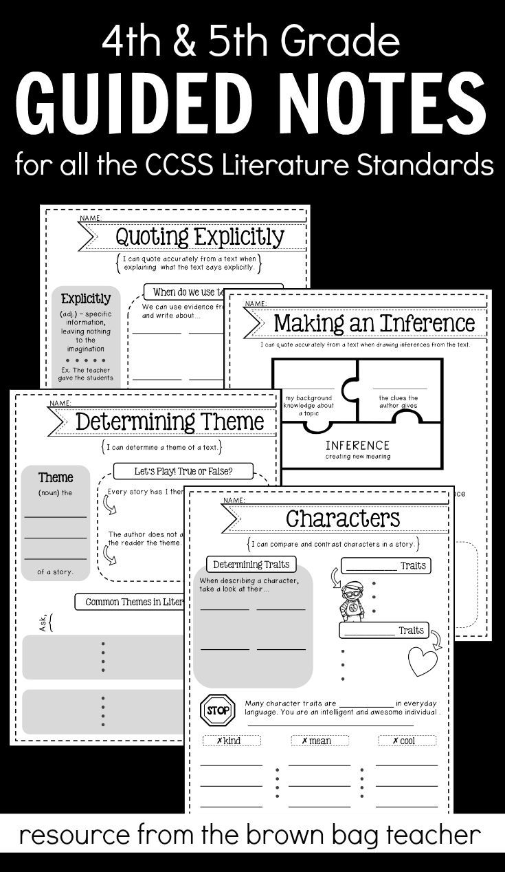 the 5th grade guided notes for all the ccss literature standards with text and pictures