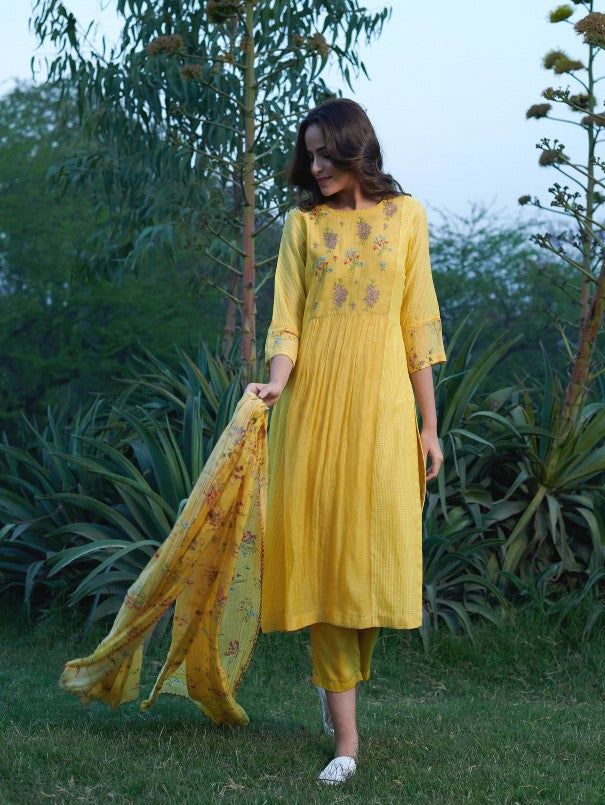 Blossom - Yellow Embroidered Yoke Cotton Silk Kurta Set (Set of 3) By Priti Prashant now available at Trendroots Yellow Straight Kurta Dress With Floral Embroidery, Fitted Yellow Kurta With Intricate Embroidery, Yellow Straight Kurta With Intricate Embroidery, Yellow Embroidered Chinon Kurta, Semi-stitched Yellow Kurta With Floral Embroidery, Kurta Dress, Embroidered Pants, Suit Shirts, French Knot