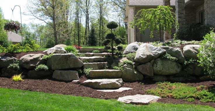 a rock garden in front of a house