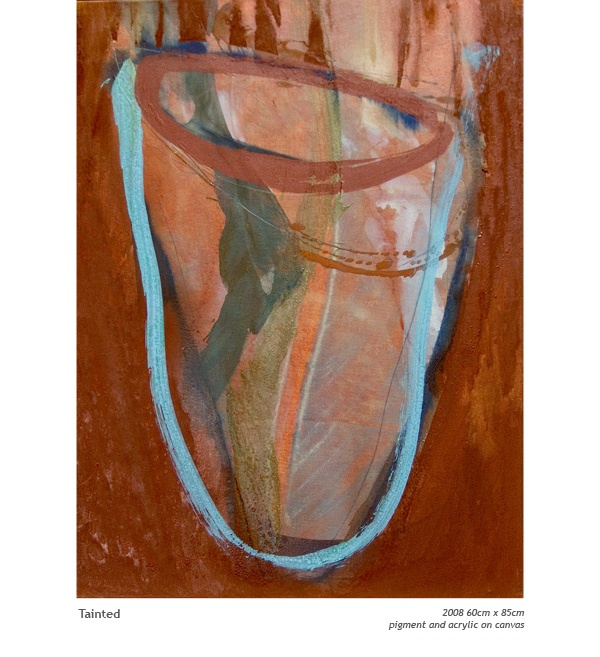 an abstract painting of a vase with blue and red lines on it's side