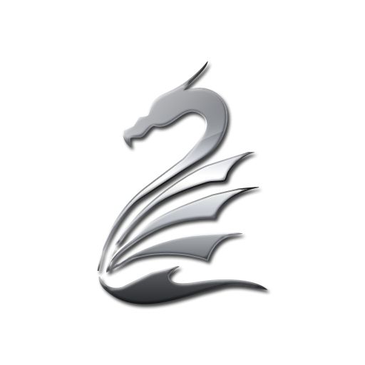 the swan logo is shown in silver on a white background with black and grey accents