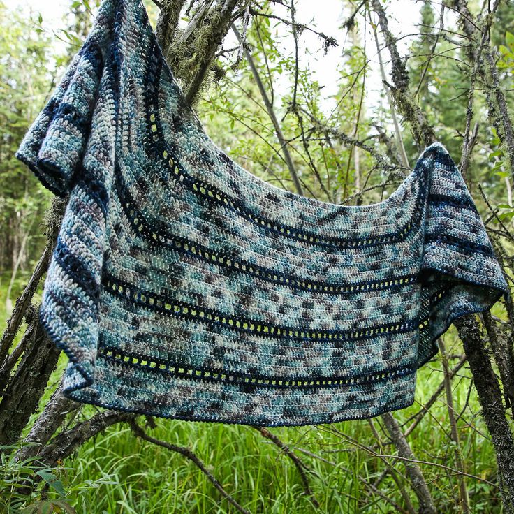 a blue and black shawl hanging from a tree in the woods with green grass