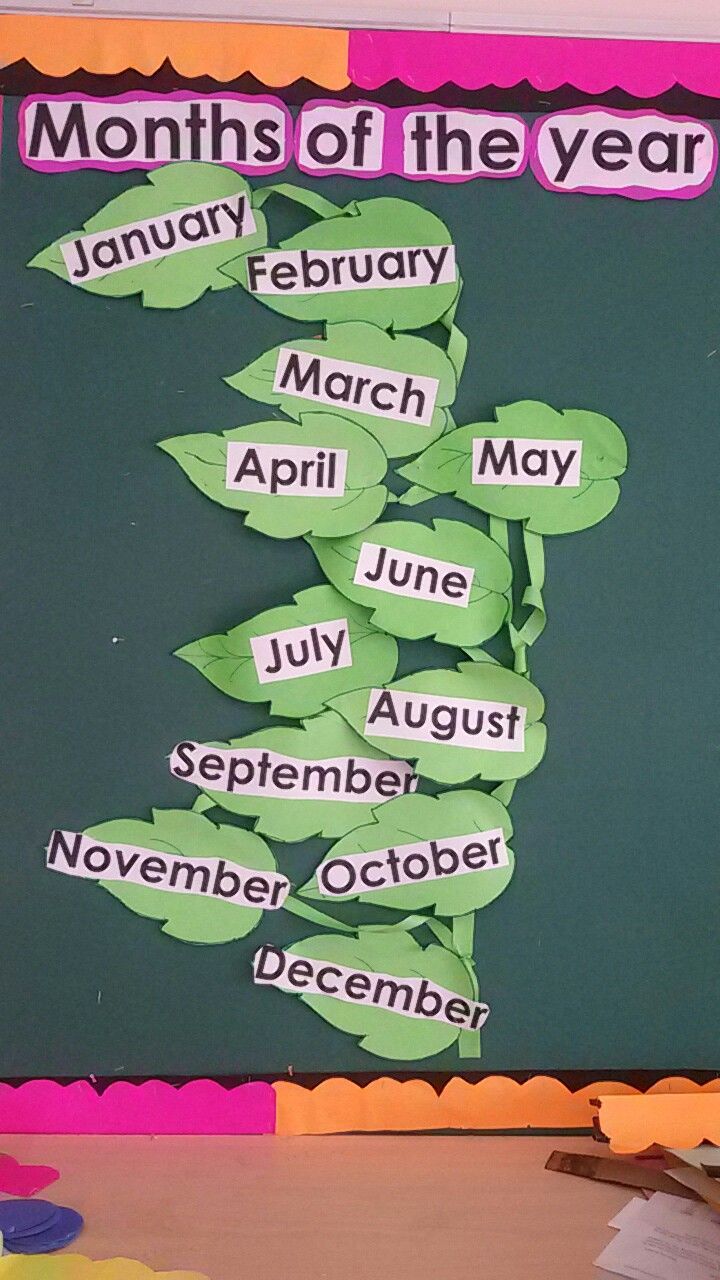 a bulletin board with months of the year written on it and green leafy leaves