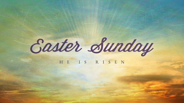 an image of the sun setting over water with words that say easter sunday he is risen