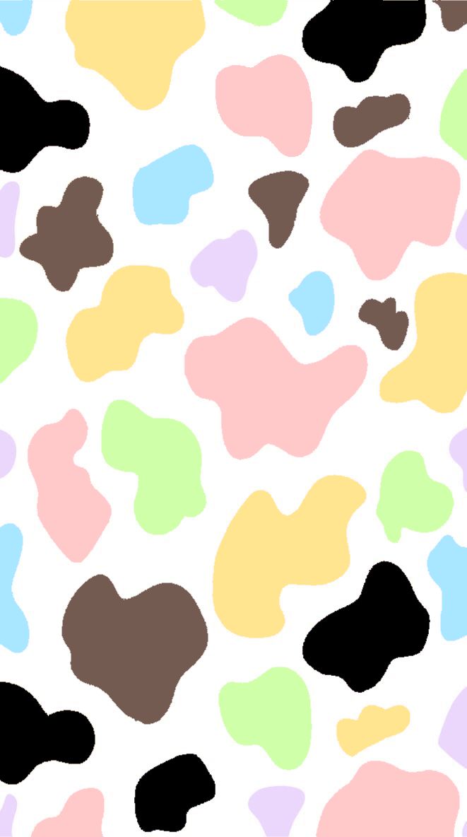 an animal print pattern in pastel colors on a white background with black, brown, pink, and green spots