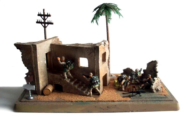 toy soldiers in front of a small building with palm tree and light pole on white background