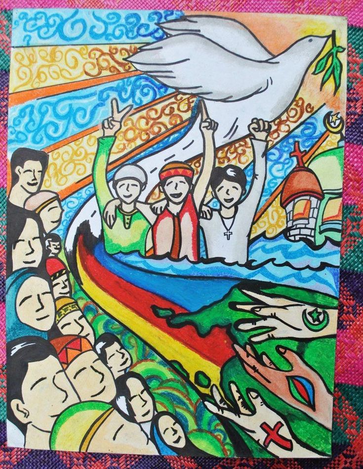 a painting of people in a boat with a dove above them on a colorful background