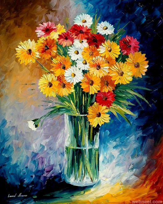 a painting of flowers in a vase on a table