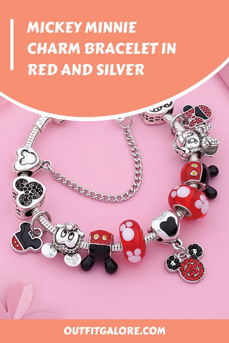 Our latest addition to the jewelry collection is the Red and Silver Charm Bracelet with a Mickey Minnie Pendant Bead. This piece of jewelry is perfect for Disney fanatics and those who want to showcase their playful side in their style. The adorable Mickey and Minnie pendant on this bracelet will bring out the childlike wonder in you. Get your hands on this stunning piece today! Silver Disney Mickey Mouse Jewelry, Disney Silver Charms Jewelry, Disney Mickey Mouse Silver Jewelry, Disney Silver Jewelry With Charms, Disney Style Silver Jewelry With Charms, Silver Disney Charms Jewelry, Red Themed Jewelry For Valentine's Day, Red Valentine's Day Themed Jewelry, Themed Mickey Mouse Jewelry As Gift