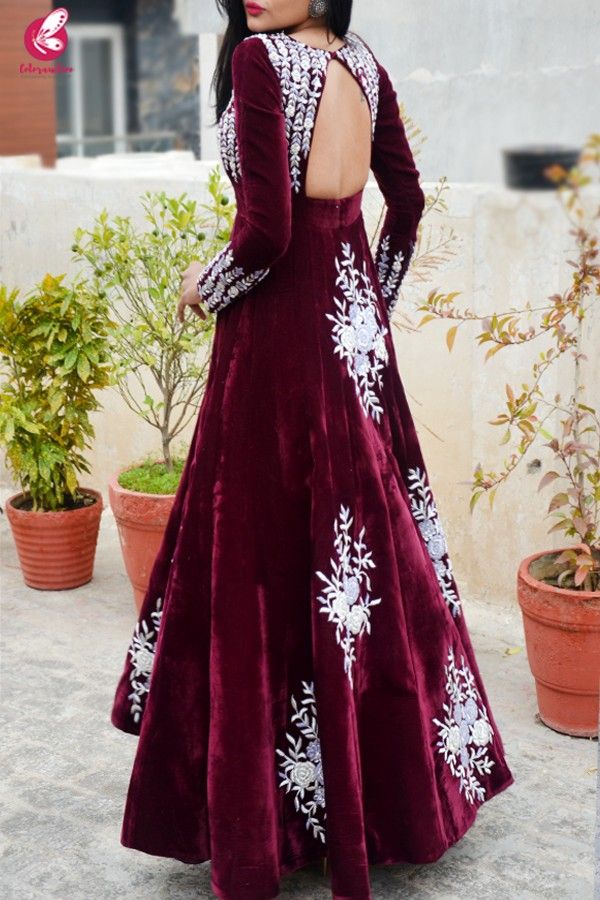 Wine Velvet Padded Dabka Zardosi Handwork Floor Length Gown - Dresses Velvet Saree Dress, Velvet Indian Gown, Velvet Gown Designs Indian, Velvet Dress Designs Gowns Indian, Velvet Long Dress Gowns, Velvet Gown Indian, Velvet Dress Designs Fashion, Velvet Gowns Evening Dresses, Velvet Dress Designs Gowns