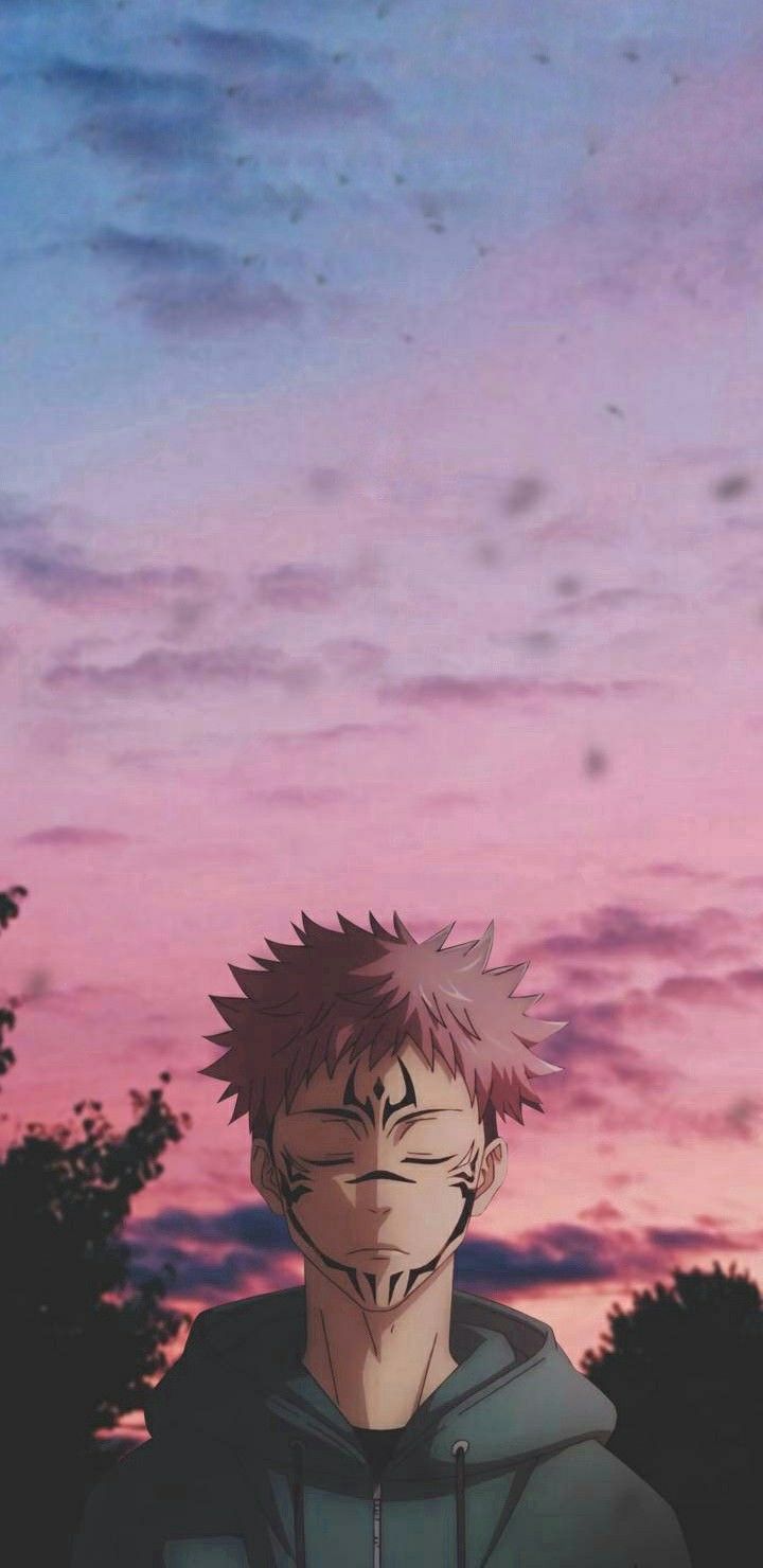 an anime character with his eyes closed and the sky in the back ground behind him