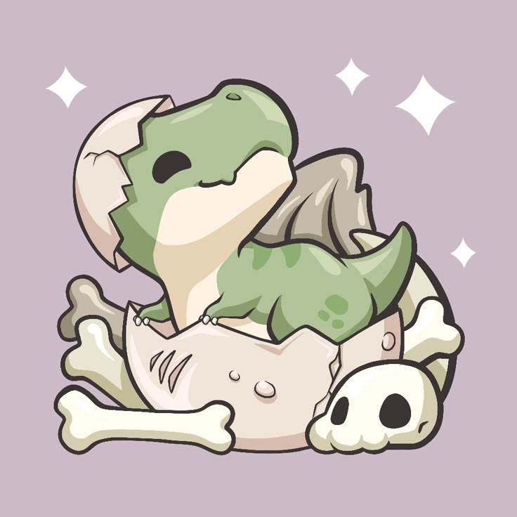 a cartoon dinosaur laying on top of a skull