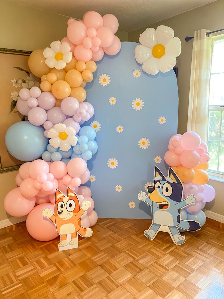 balloon decorations and balloons in the shape of cartoon characters