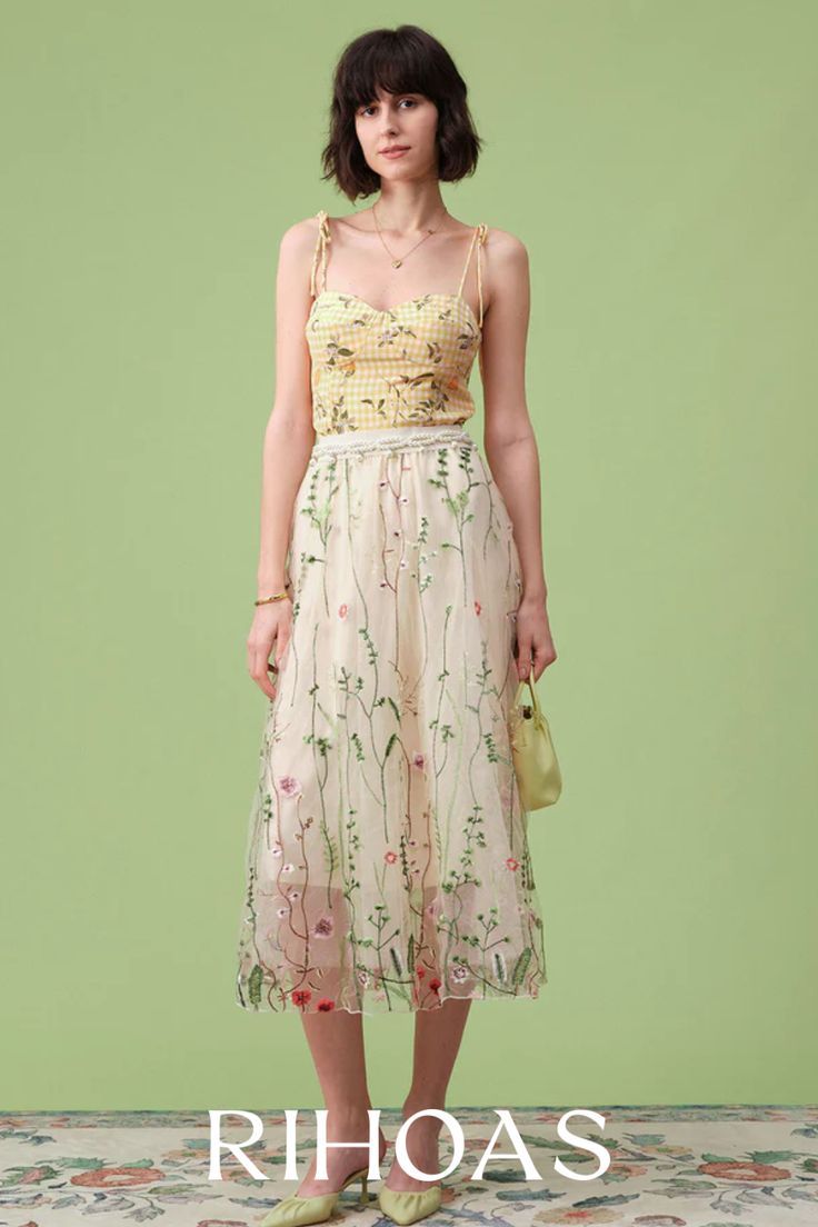 Free Shipping Worldwide Over $69. Details: - Floral Embroidery - High Waist Skirt - A-line Skirt - Elastic Waist Fabric: This A Line Skirt is made of Polyester and Spandex. Polyester is an artificial fiber that feels soft, looks lustrous, and dries fast. It's also durable, with good resistance to wrinkles, stains, and sunlight. Spandex is lightweight and comfortable to wear, resistant to sweat, has excellent elasticity, and is durable and robust. A Line Midi Skirt, Floral Cami Top, Floral Cami, High Waist Skirt, Yellow Ties, Cropped Cami, Cami Crop Top, Sweetheart Neck, Women Skirts Midi