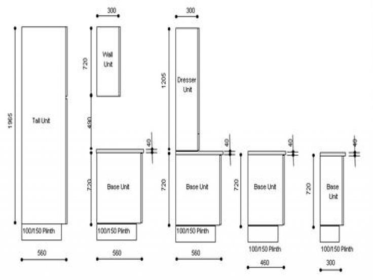 the diagram shows different sizes and shapes of kitchen cabinets, with measurements for each cabinet