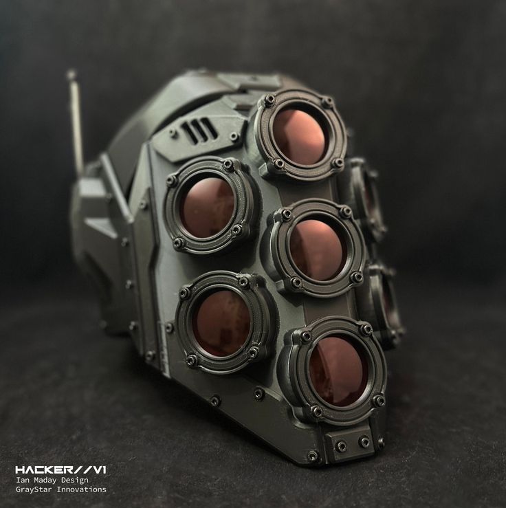 This is a Matte Black variant of my "HACKER//V1:Type-A" full face mask design, featuring circular tinted lenses with a red color. Tech Specs: Frame Material - FDM 3d Print Armor Material - 3d Printed/Steel Fasteners Lens - Tinted Circular Lenses (Functional Sunglasses) x 7 Padded - Yes If you would like this mask in a custom color, check out this listing here! https://www.etsy.com/listing/1519074769 The masks are fully adjustable for adults and made in limited runs, custom sizing is not currentl 3d Printed Armor, Full Face Mask Design, Armor Mask, Cyberpunk Tech, Mouth Mask Design, Cool Bike Helmets, Gas Mask Art, Futuristic Helmet, Specs Frame