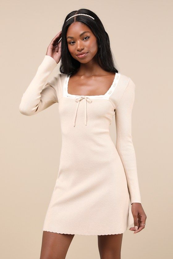 Definitely Sweet Beige Scalloped Long Sleeve Mini Sweater Dress Cute Thanksgiving Dresses, Trendy Winter Dresses, Winter Date Dress, Coquette Winter Dress, Long Sleeve Winter Formal Dress, Winters Dresses, Dress With Sweater Over It, Conformation Dresses, Cute Winter Dresses