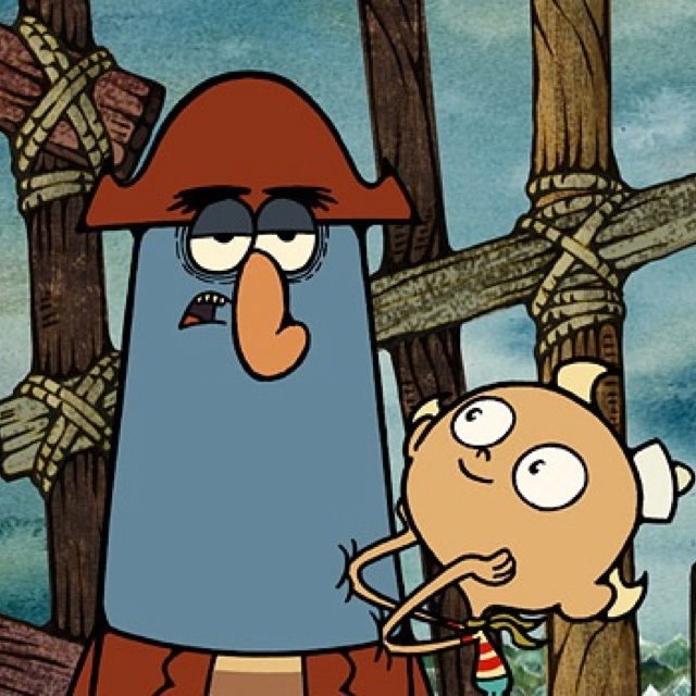 a cartoon character is standing next to another character in front of a wooden fence with ropes