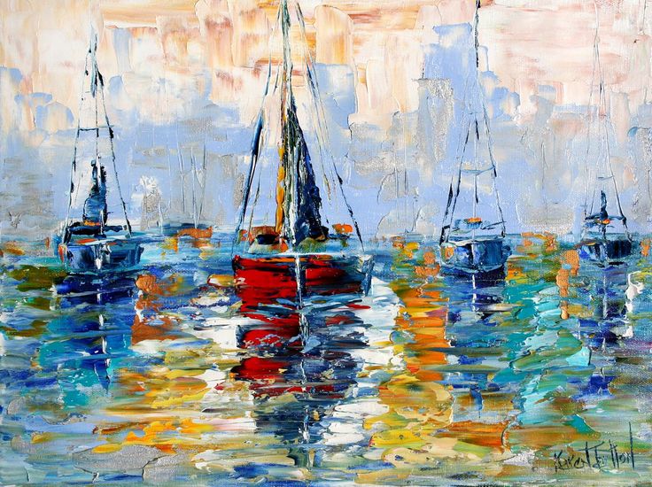 an oil painting of sailboats in the ocean