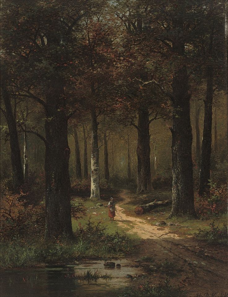 a painting of people walking down a path in the woods near a stream and trees