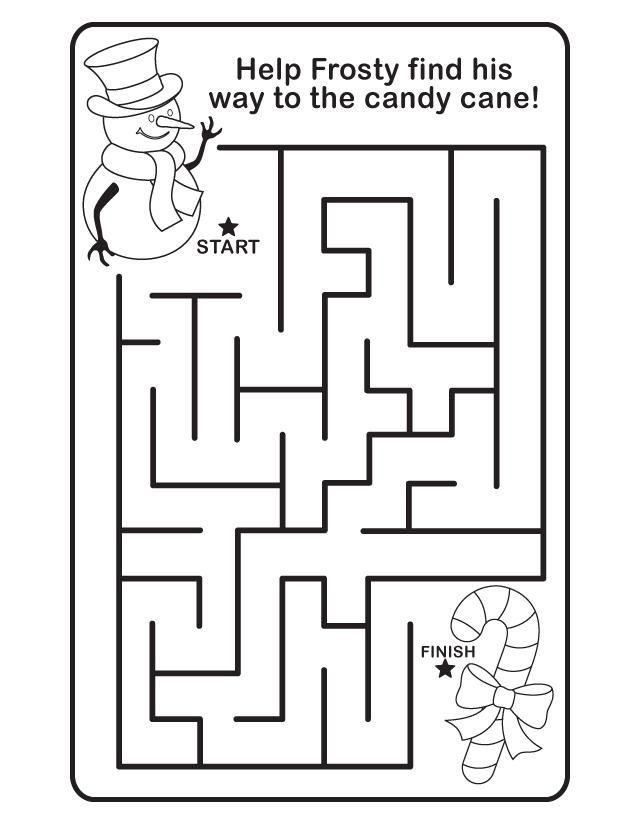 a snowman maze for kids to help them learn how to find the candy cane