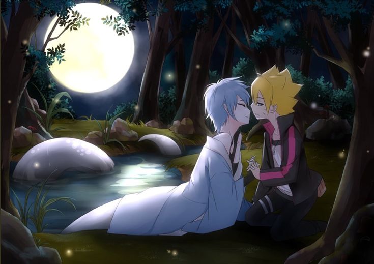 two people are sitting in the woods by a river at night, one is kissing the other