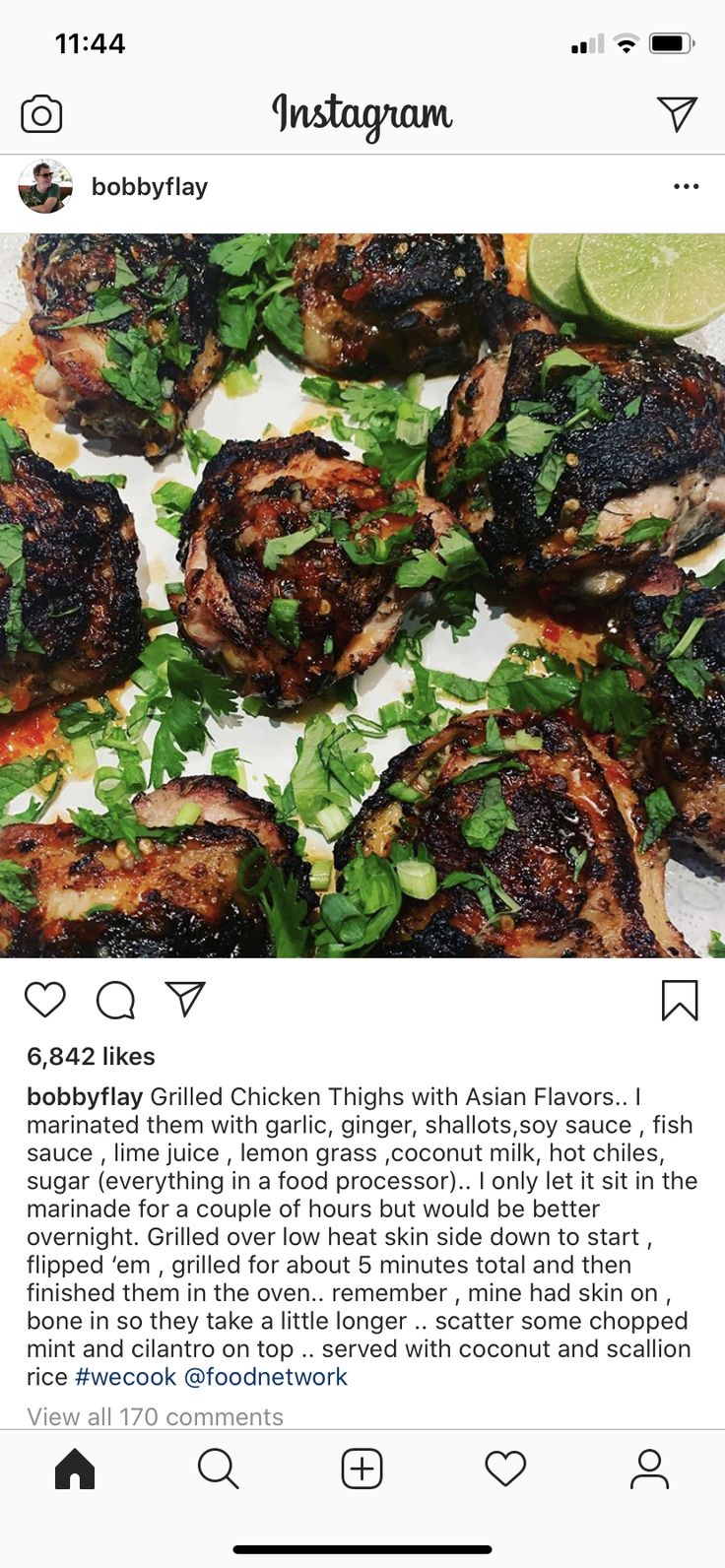 an instagram page with food on it, including grilled chicken thighs and garnishes