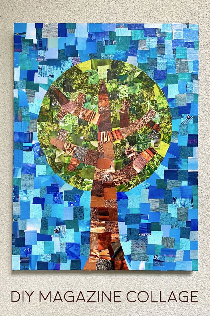 a tree made out of blue and green squares with the words diy magazine collage on it