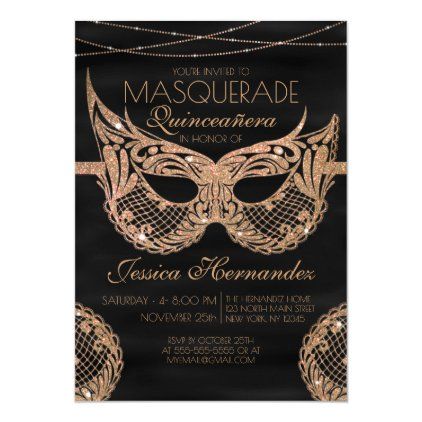 Black Gold Glitter Lace Masquerade Quinceañera Invitation | Zazzle ...