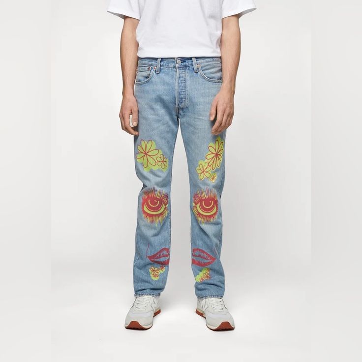 Levi’s 501s Summer Love Jeans Sun Festival 28x30 36x30 32x32 33x30 “ Up Tight Love “ “ Out Of Sight Groovy “ Straight Leg Graphic Print Jeans For Spring, Straight Leg Jeans With Graphic Print For Spring, Summer Fitted Jeans With Graphic Print, Fitted Graphic Print Jeans For Summer, Summer Graphic Print Fitted Jeans, Relaxed Fit Summer Jeans With Graphic Print, Spring Denim Blue Bottoms With Graphic Print, Levi's Summer Streetwear Jeans, Levi's Jeans For Summer Streetwear