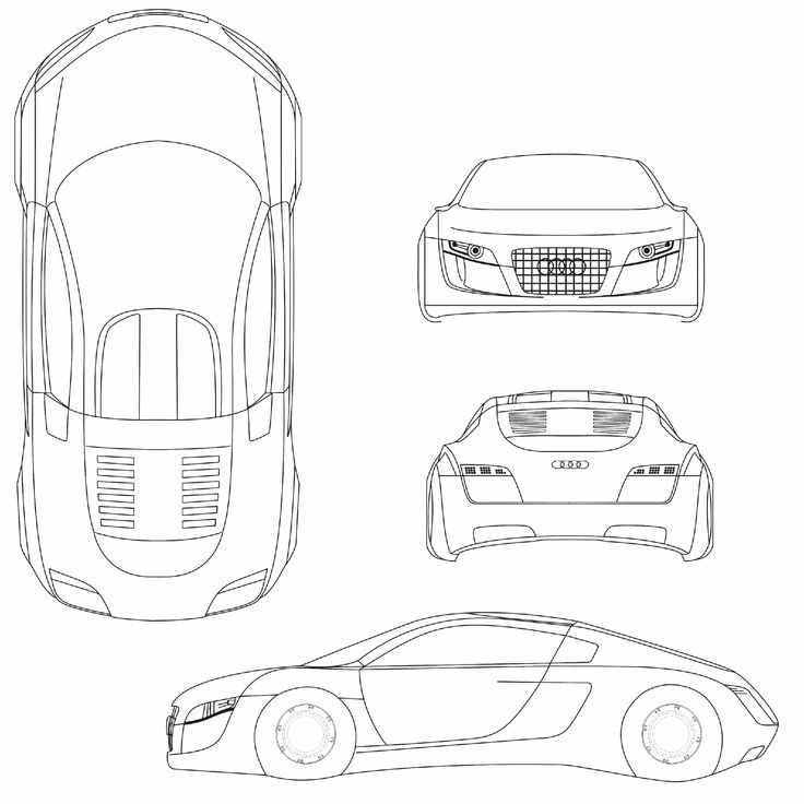 an outline drawing of the audi rsq car, with all its features and details