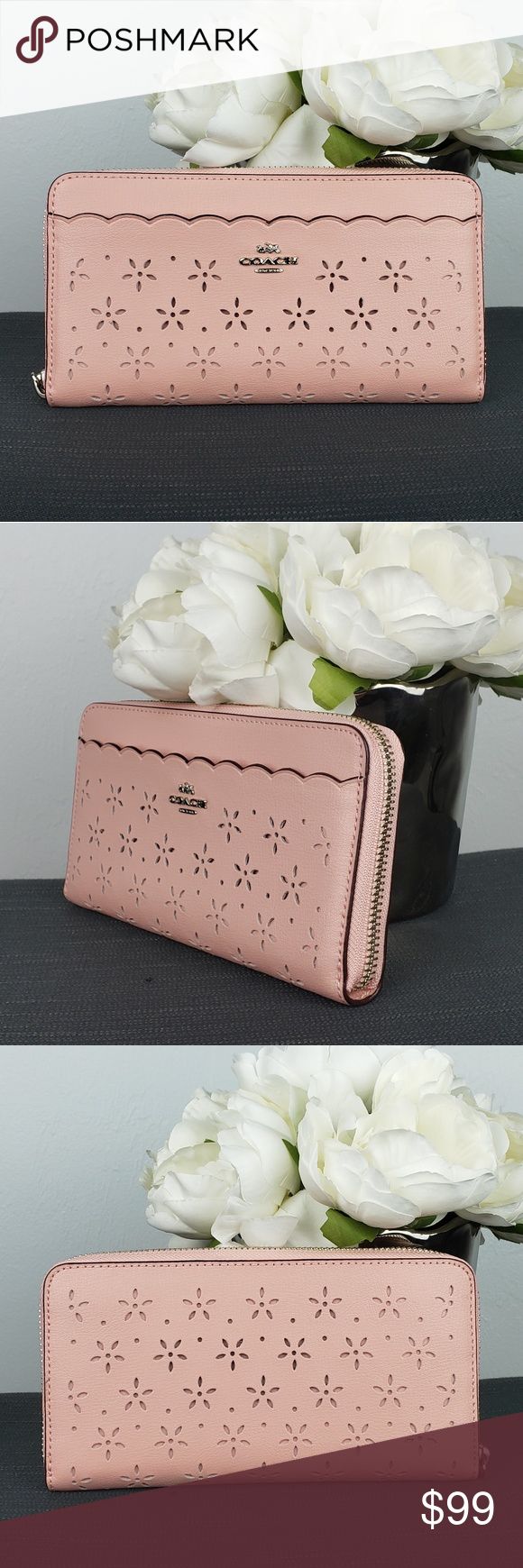 COACH Floral Perforated Zip Wallet Authentic Spring is here! F67609 Coach Accordion Floral Perforated Zip Wallet Colors are Petal and Strawberry Silver hardware Textured leather 12 credit card pockets 2 full length bill compartments Center zip pocket Exterior open pocket Can hold your phone depending on size  💥PRICE FIRM DURING FLASH SALE💥 Coach Bags Wallets Coach Floral, Business Credit Cards, Spring Is Here, Zip Wallet, Flash Sale, Silver Hardware, Coach Bags, Full Length, Credit Card