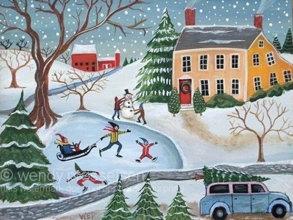 a painting of people playing in the snow with a car and house behind them,