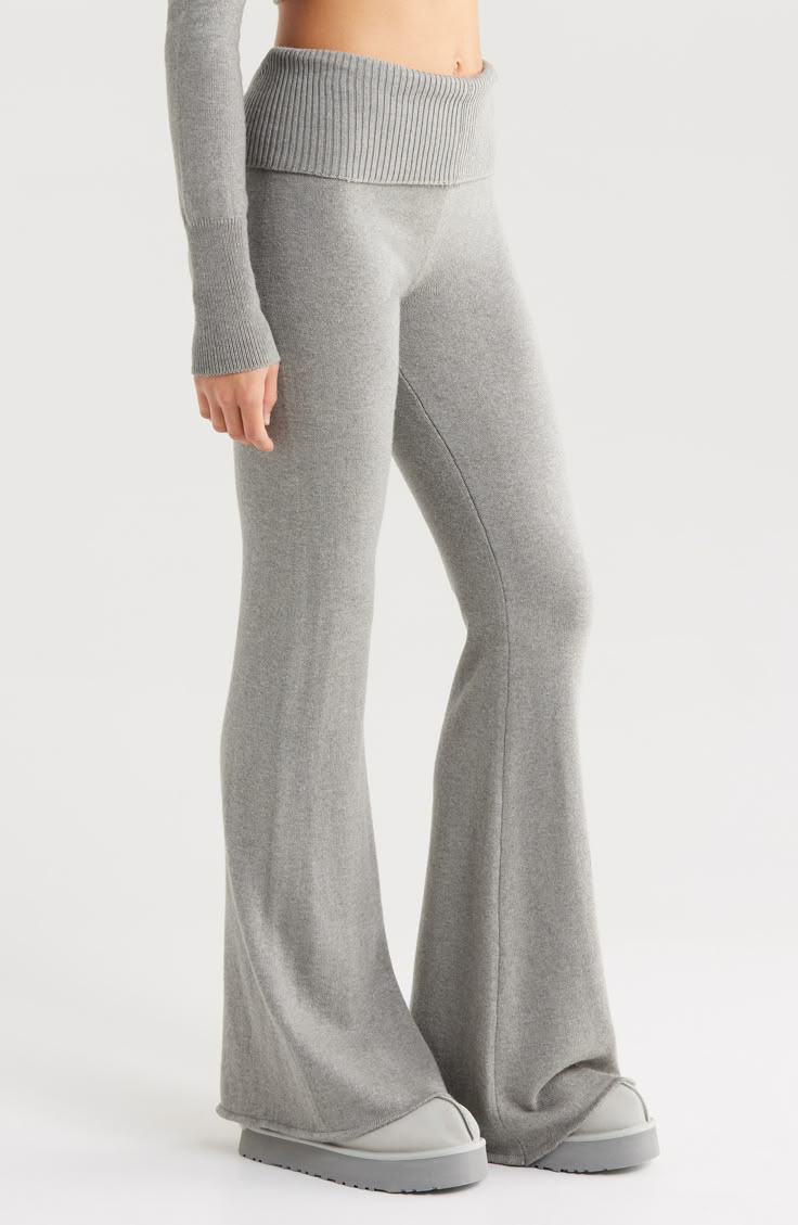 A ribbed fold-over waistband brings cozy energy to these cotton-blend leggings with flared hems. 33 1/2" inseam; 26" leg opening; 10 1/2" front rise; 12" back rise (size Medium) Pull-on style 48% cotton, 31% polyester, 15% polyamide, 6% viscose Machine wash, tumble dry Imported Foldover Flare Leggings, Ribbed Flare Pants For Loungewear, Flare Ribbed Pants For Loungewear, Fitted Wide Leg Loungewear Activewear, Fitted Wide Leg Activewear For Loungewear, Ribbed Casual Leggings For Loungewear, Casual Ribbed Leggings For Loungewear, Full-length Sweatpants With Ribbed Waistband For Fall, Ribbed Sweatpants For Fall