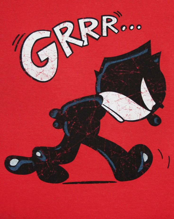 a red t - shirt with a black cat running and the words grrr on it