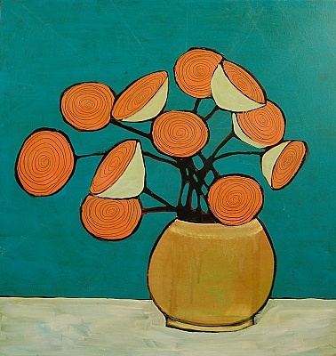 a painting of orange flowers in a yellow vase on a blue background with white circles