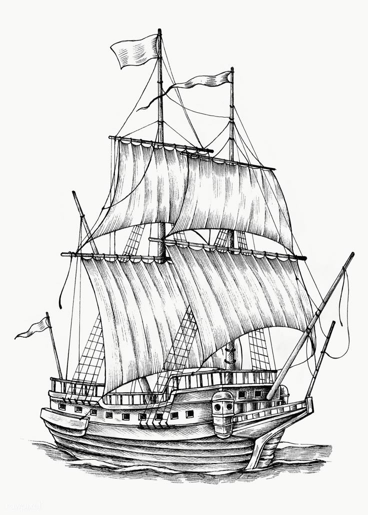 a black and white drawing of a sailing ship