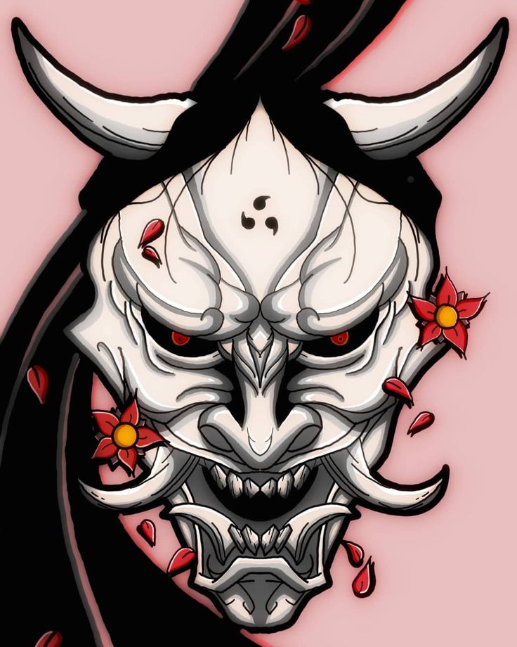 an image of a demon with horns and flowers on his face in front of a pink background