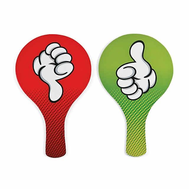 two paddles with thumbs up and down painted on them