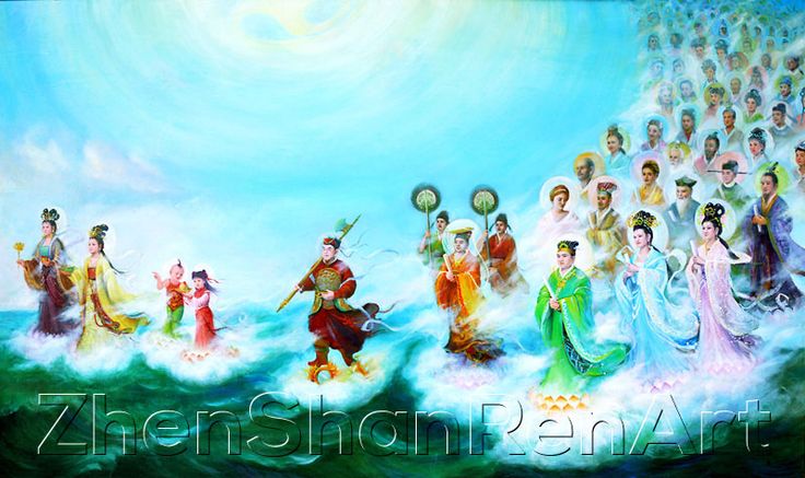 a painting of many people standing in the ocean