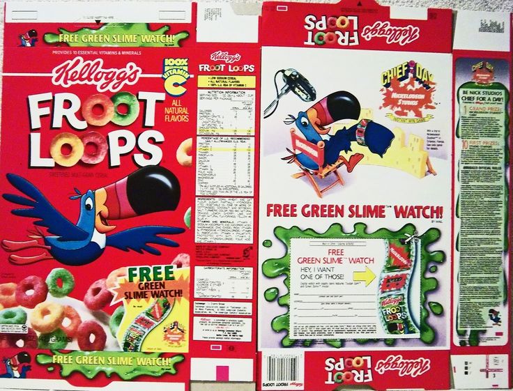 the front and back covers of various cereals, including donuts and fruit loops