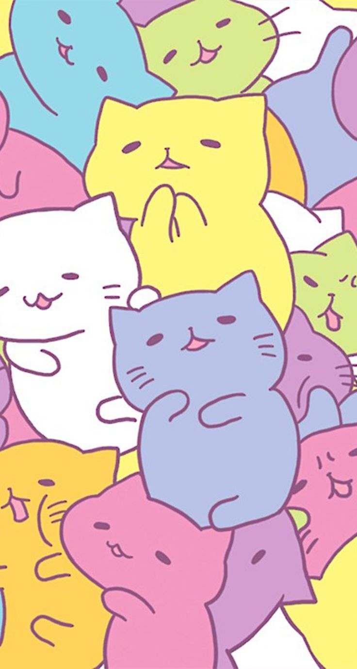 a bunch of cats that are in the middle of a group together on a colorful background