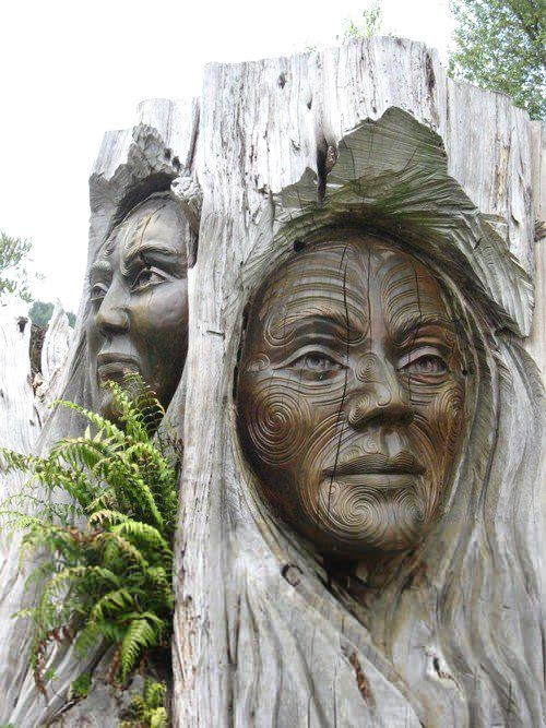 two carved wooden faces in the bark of a tree trunk with ferns growing out of it