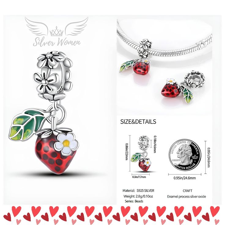 Buy 2 charms, get 1 charm free 🎁 The charms are certified and marked S925. 🥇 Strawberry charm for pandora bracelets and necklace. Charm fits most European brand charm bracelets and bangles. It will also fit 3 mm European snake-chain charm bracelets. Hole- 4.5 mm approximately. Safe shopping. Fast delivery. Happy customers. 925 Sterling Silver Charms. https://www.etsy.com/shop/silverwomenshop If you have any questions about our items or your order, please feel free to contact us anytime. Our 24 Dangling Charms Jewelry For Birthday And Mother's Day Gift, Mother's Day Jewelry With Dangling Charms As Birthday Gift, Mother's Day Birthday Gift Jewelry With Dangling Charms, Sterling Silver Flower Charm Gift, Dangling Charms For Valentine's Day Gift, Sterling Silver Charms For Birthday And Valentine's Day, Valentine's Day Gift Charm Bracelet With Dangling Charms, Valentine's Day Gift Charms With Dangling Details, Sterling Silver Charm Bracelet With Dangling Charms As Gift