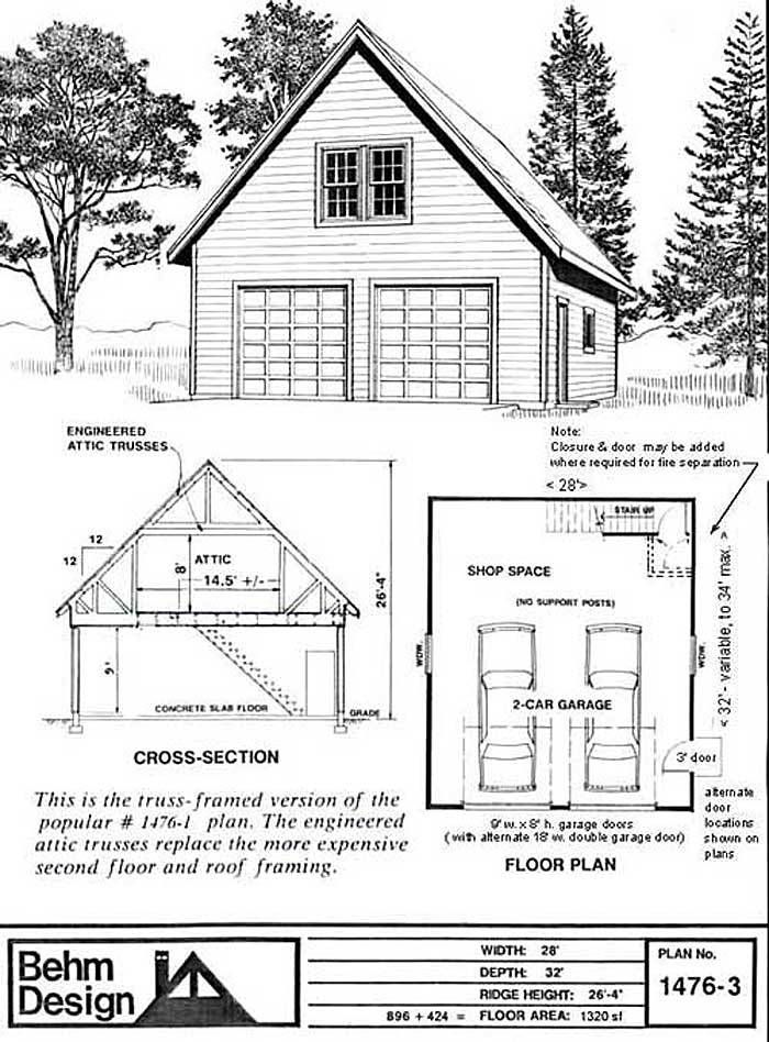 the plans for a two car garage are shown in black and white, with measurements