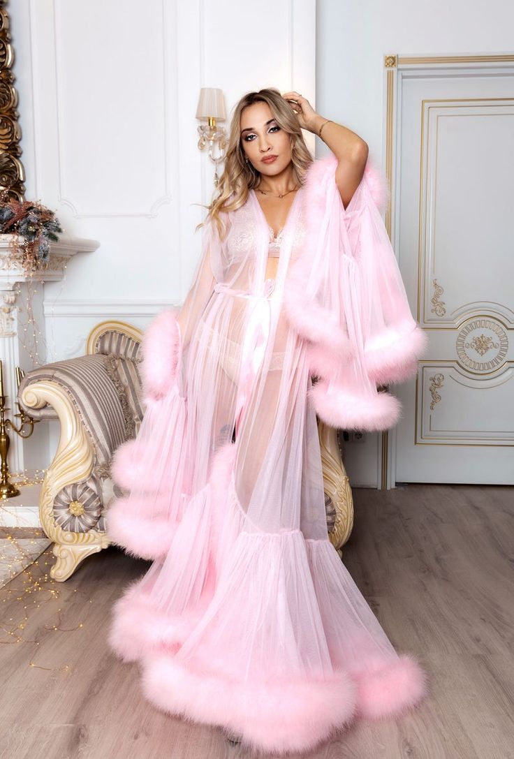 Baby Pink Feather robe Luxury Bridal Long Dressing Gown | Etsy Pink Feather Robe, Lingerie Rosa, Fancy Robes, Bride Dressing Gown, Bridal Dressing Gown, Pink Luxury, Luxury Brides, Long Gown Dress, Witch Outfit