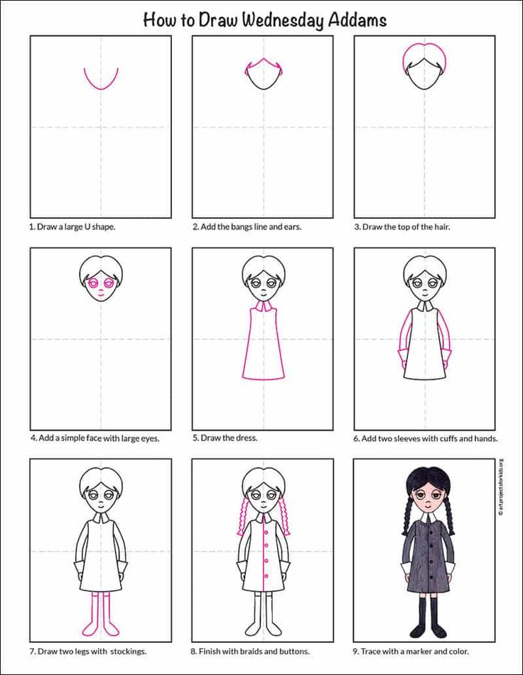 Easy How to Draw Wednesday Addams Tutorial Video and Coloring Page in ...