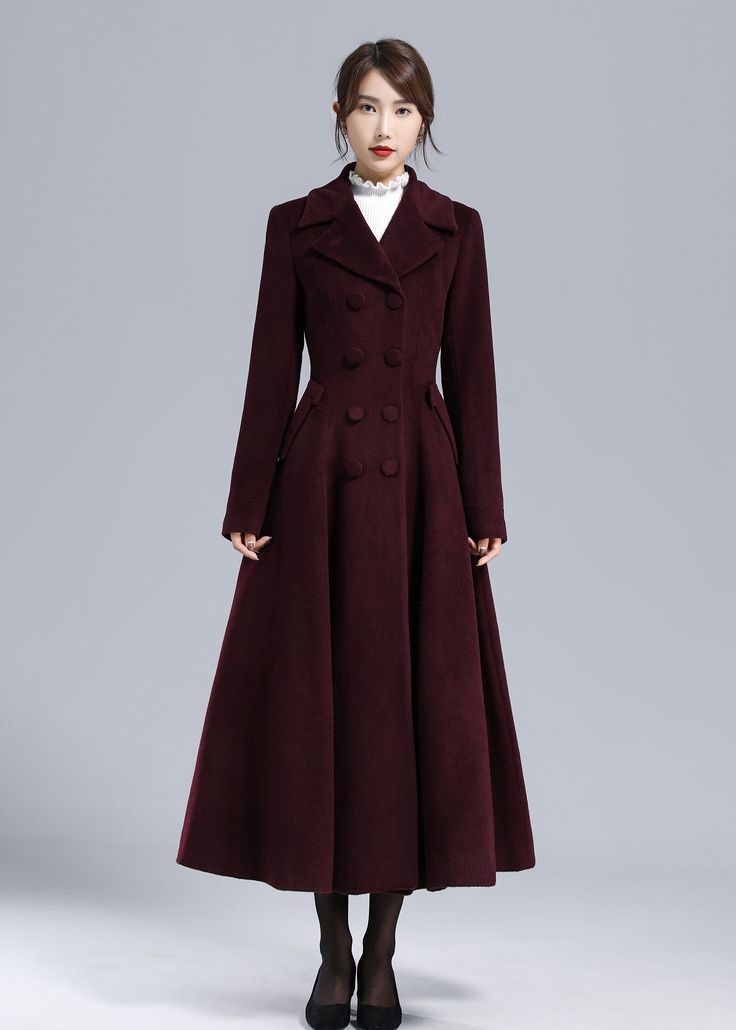 Long Womens Coat Winter, Dark Academia Coat, Burgundy Coat Outfit, Wool Trench Coat Women, Burgundy Coat, Long Winter Coats Women, Mode Mantel, Thanksgiving Outfit Women, Princess Coat